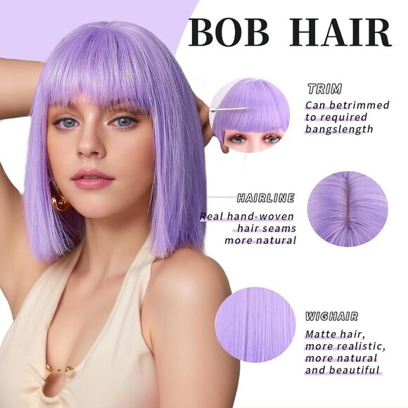 💫 Women Purple Short Bob Wigs Straight Bangs Lavender Synthetic Colorful Hair - Picture 3 of 6